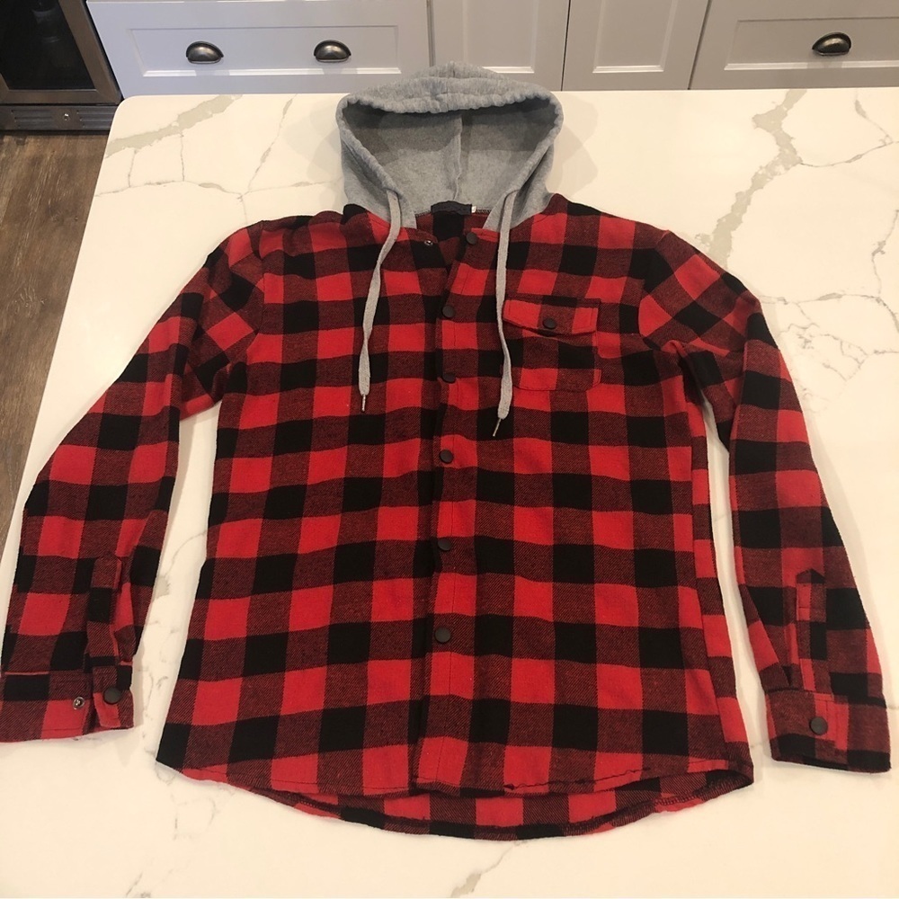 SHEIN Hooded Red Black Flannel Button Up Shirt Women XL Skater Grunge Streetwear